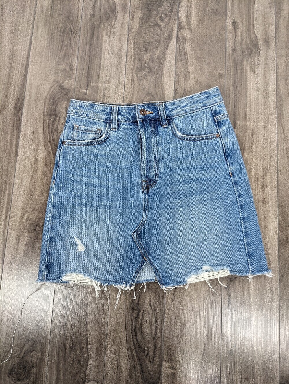 Zara Women's Denim Mini Skirt Size Small Raw Hem Button Fly